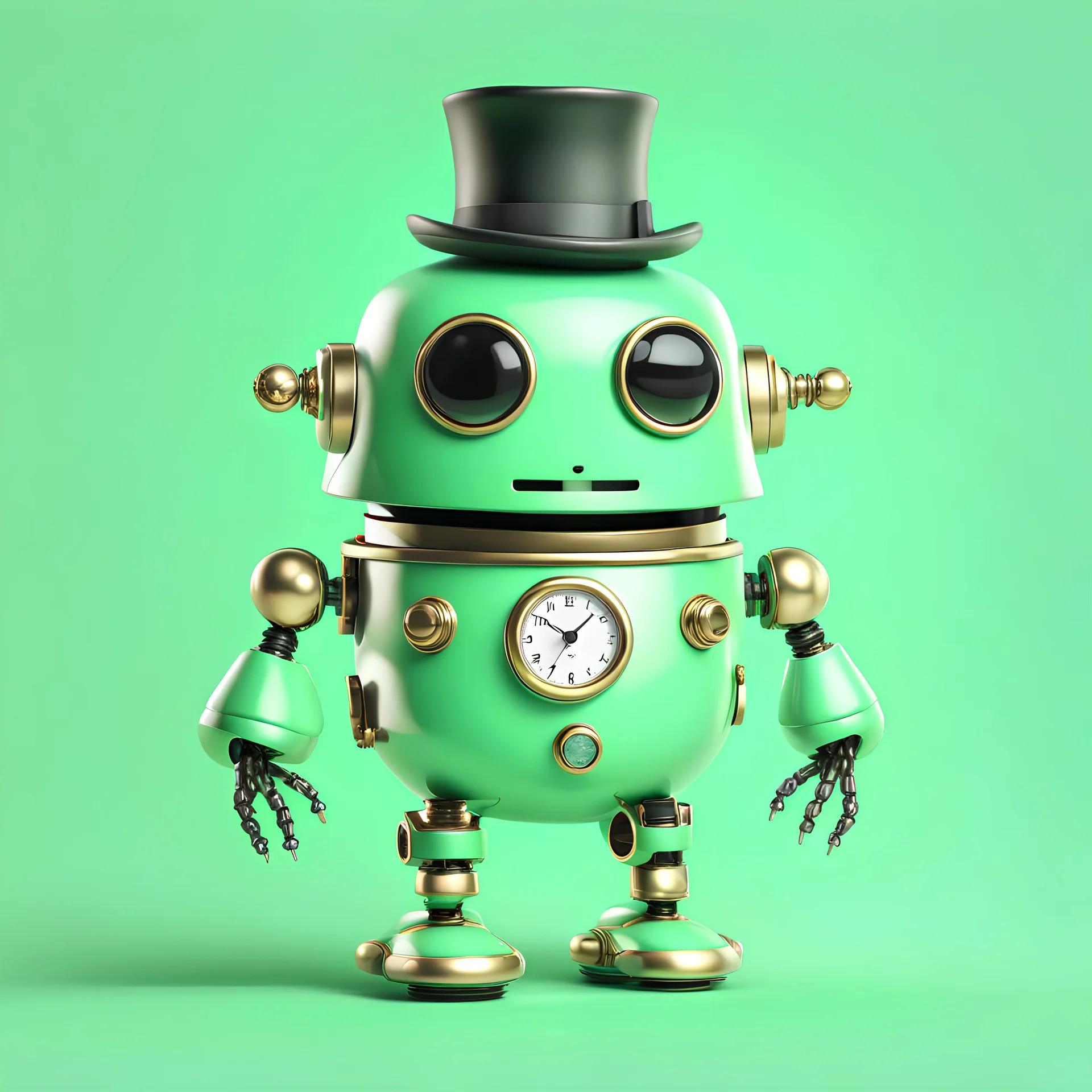realistic digital art, kawaii robot wearing a monocle, monocle, top hat, rich, mint green, isolated