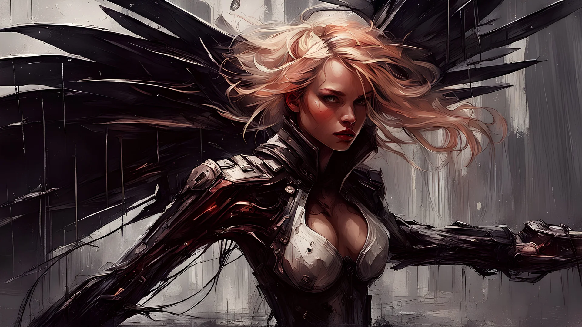 biomechanical women, beautiful, cyberpunk, dusty blonde, short square, large biomechanical black wings, sword, cybernetic, dynamic pose, rain, wind, ashes, flashes of fiery threads, sketch art, fine lines, grunge, sensual, darkness, dark colors, by Raymond Swanland & Alyssa Monks & Anna Razumovskaya