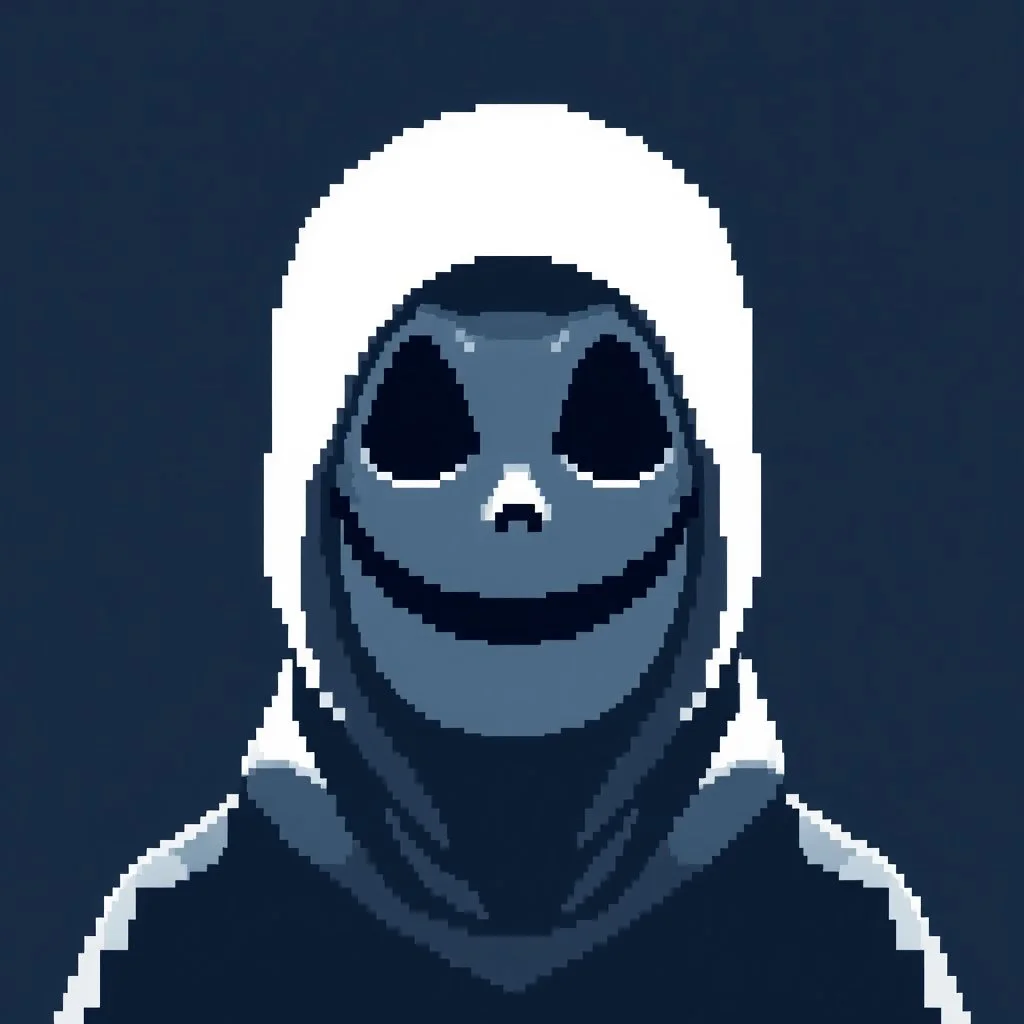 16 bit pixelart of a shadow figure with a white smooth wide smiling mask, no nose, no nose holes, no nostrils