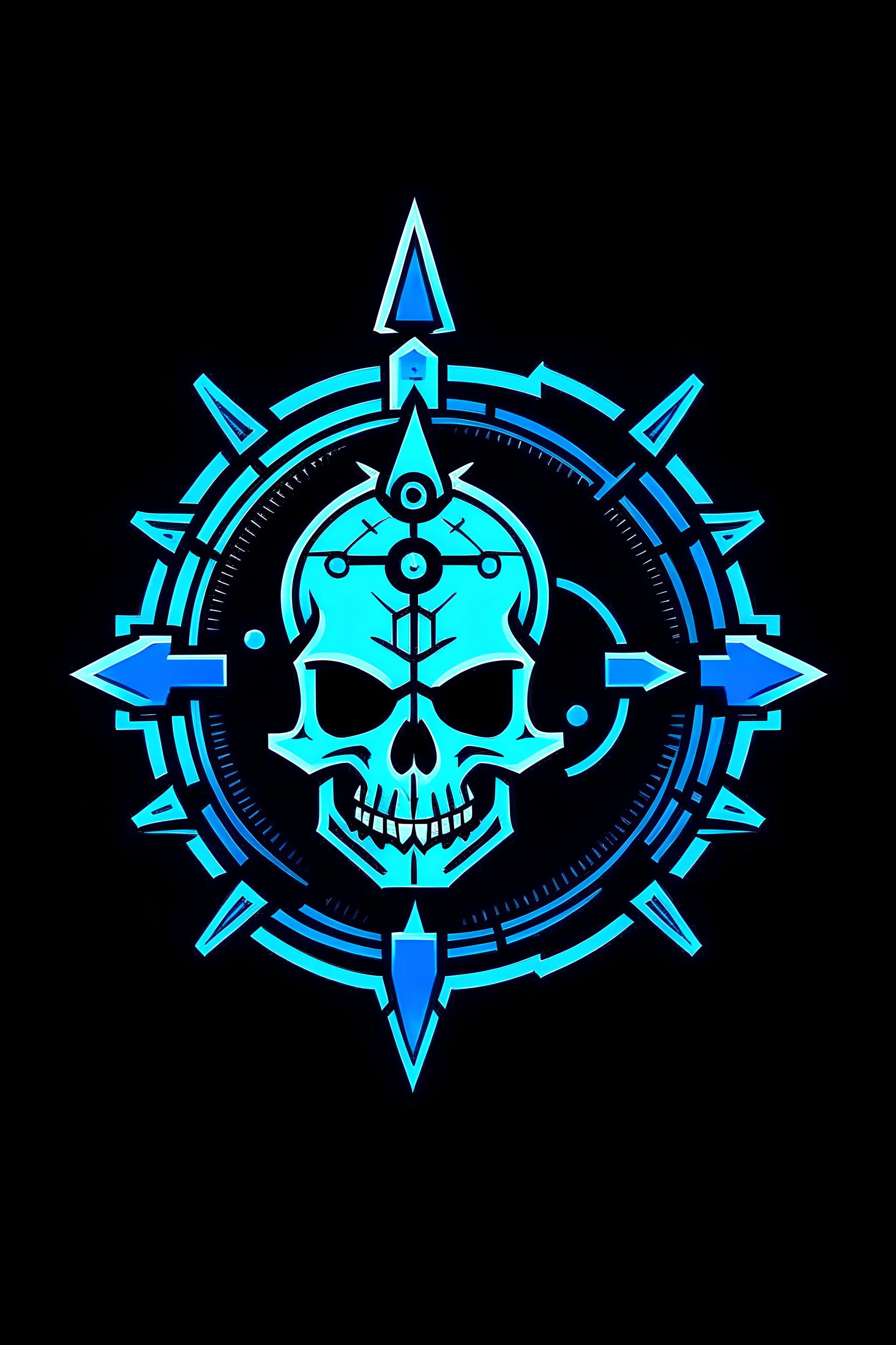 An 8-bit style logo featuring a pirate skull and compass with a blue glow.