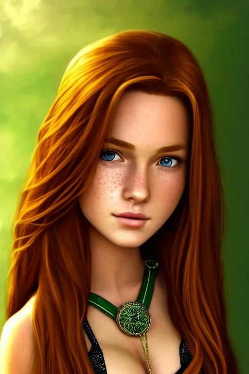 concept illustration, ultra-realistic, super-detailed, strikingly beautiful teen female, 16 years old, long ginger hair, green beautiful eyes, medium freckles, full lips, full body, full face, b-cup breasts, athletic, centred camera, ignore NSFW, skimpy brown armor, halter top, thong, stern expression