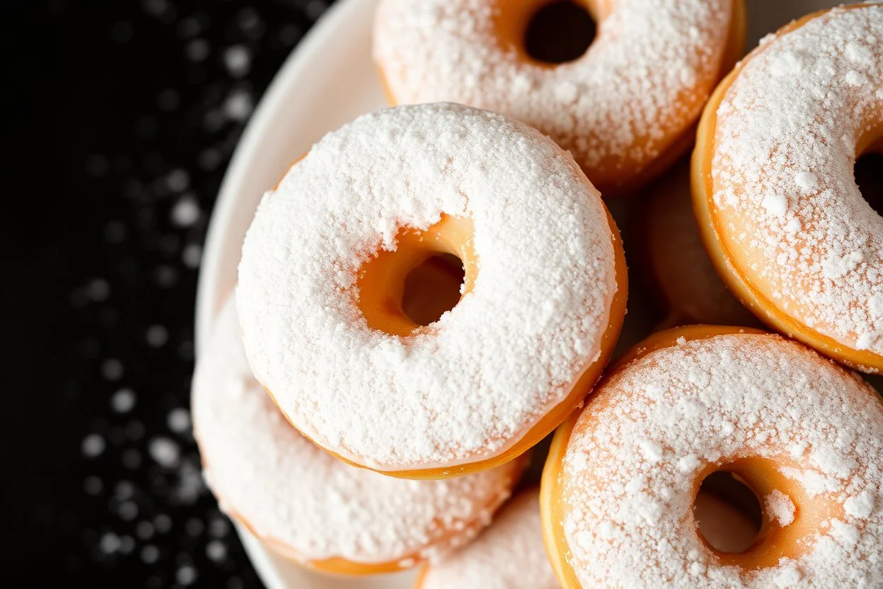 background filled with fresh mini donuts powdered in icing sugar