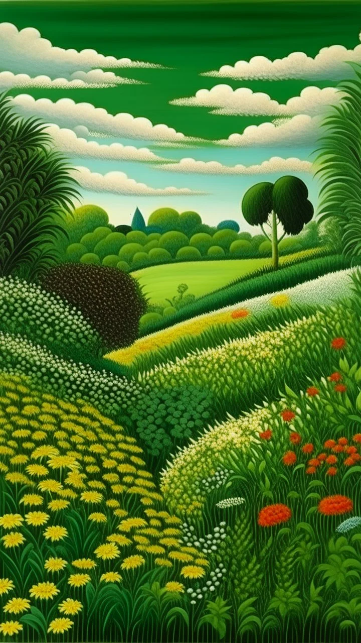 A green plain filled with flowers in hedges painted by Henri Rousseau
