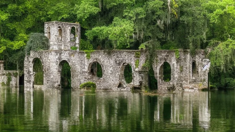 A ruined stone building partially submerged in a lake, balconies, verandas, arches, bridges, spires, stairs, trees, dense foliage, spanish moss, ivy, blue sky, white clouds