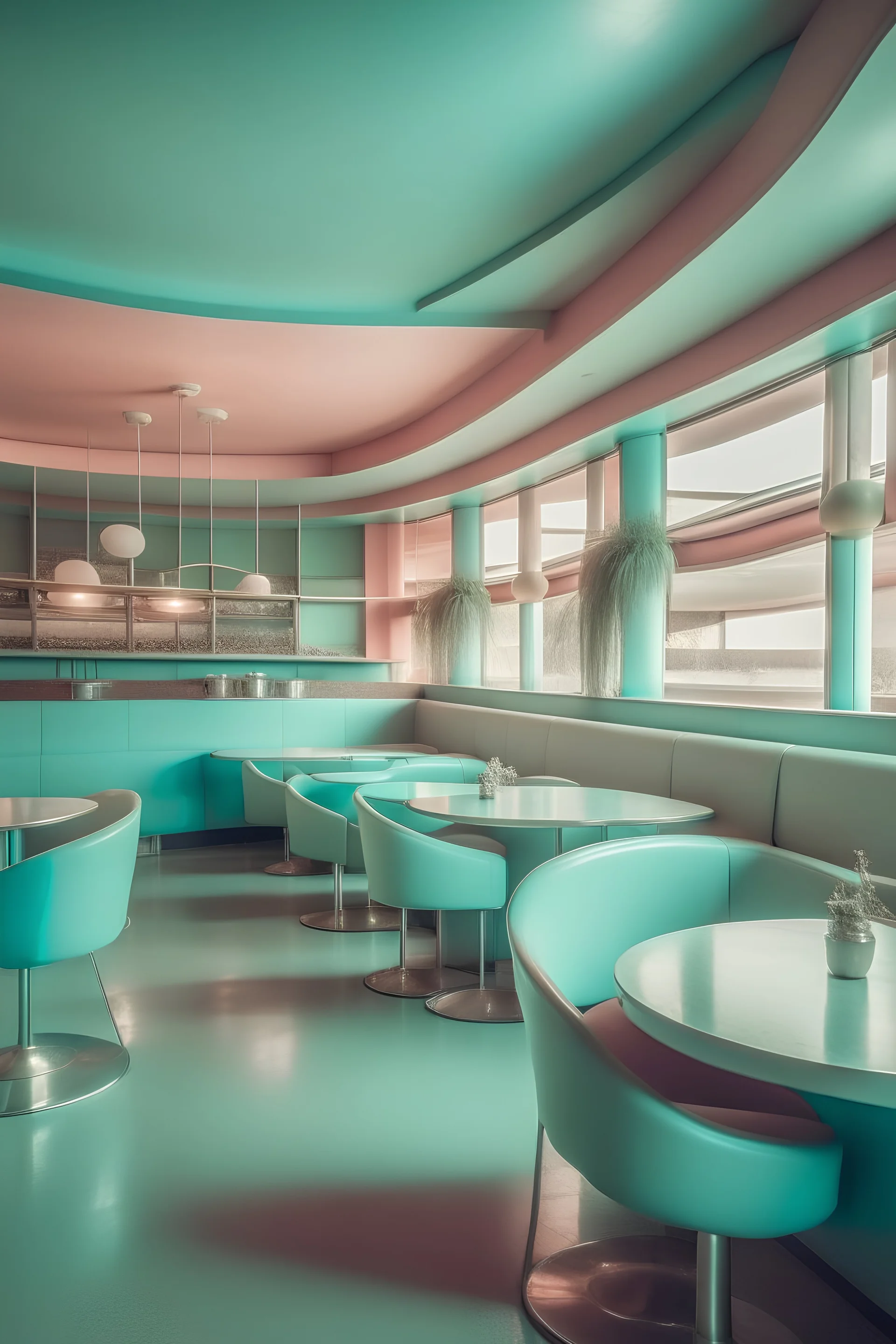 Do a 60's photo in pastel colors of Antropocene retrofuturism restaurant.