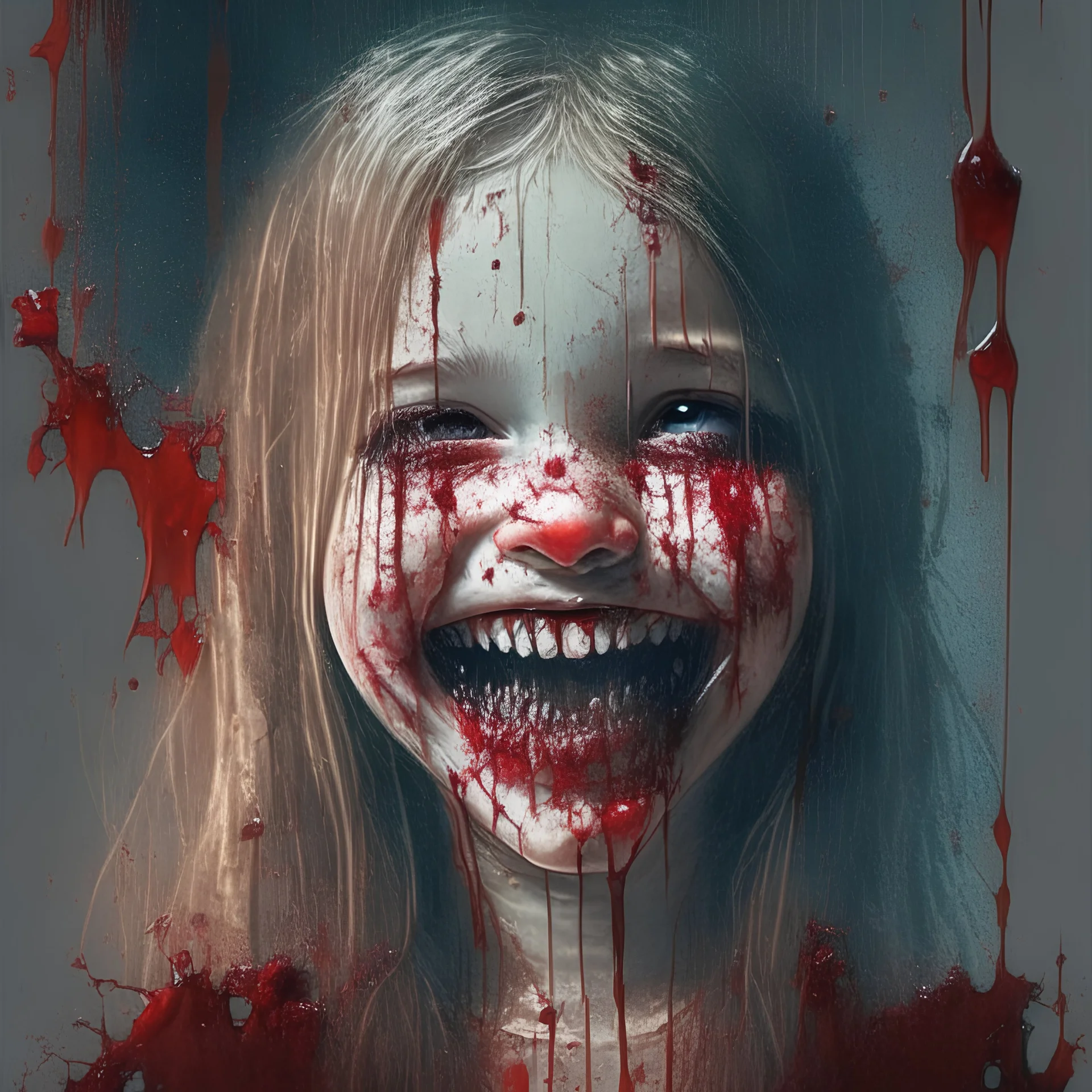 girl smiling, creepy, dripping blood, shattered glass,