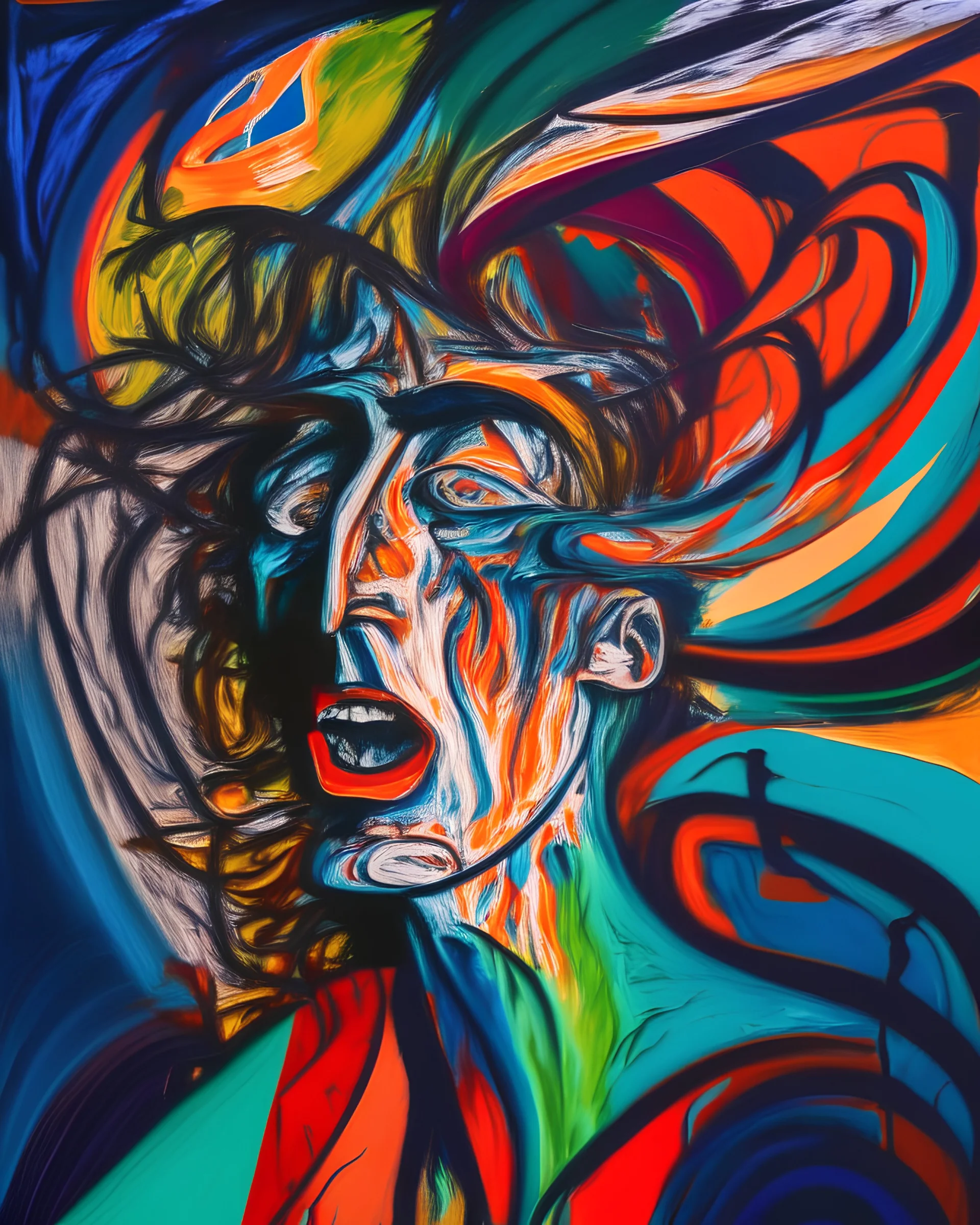 A powerful portrait of a person surrounded by a swirling, chaotic whirlwind of emotions, represented by abstract shapes and colors, in the style of expressionism, gestural brushstrokes, intense hues, and a sense of raw emotion, influenced by the works of Edvard Munch and Egon Schiele, capturing the tumultuous inner world of the subject.