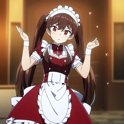 Clear focus, High resolution, Rough line, cute, anime style, big eyes, red eyes, sparkling eyes, brown hair, red eyes, thick eyelashes, wearing a maid outfit, long twin tails, long bangs, anime screencap, choppy long bangs