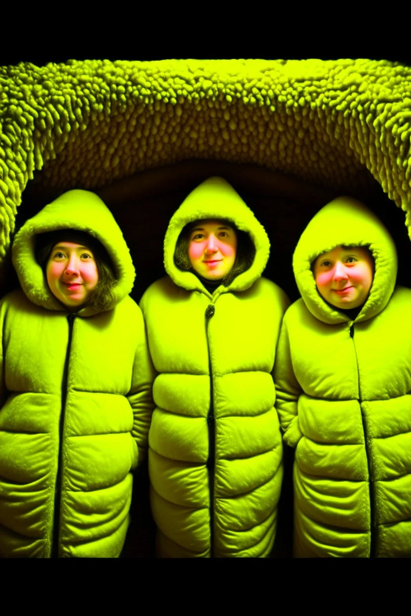 Three mole person inside a giant jacket