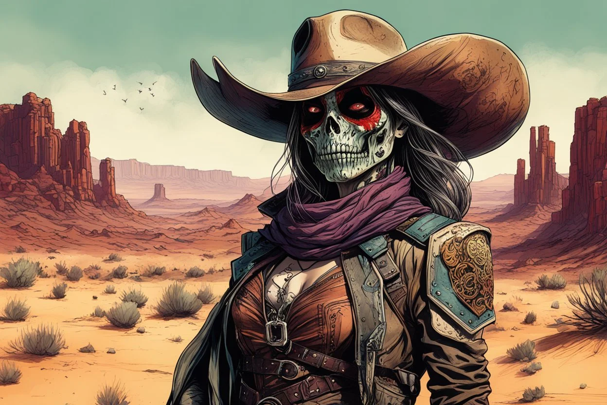 highly detailed full body concept illustration of an altered reality undead Wild West female anti heroine bounty hunter in the desert Southwest , maximalist, sharp focus, finely detailed facial features, highest resolution, in the styles of Alex Pardee, Denis Forkas , and Masahiro Ito, boldly inked, 8k, coarse, gritty textures