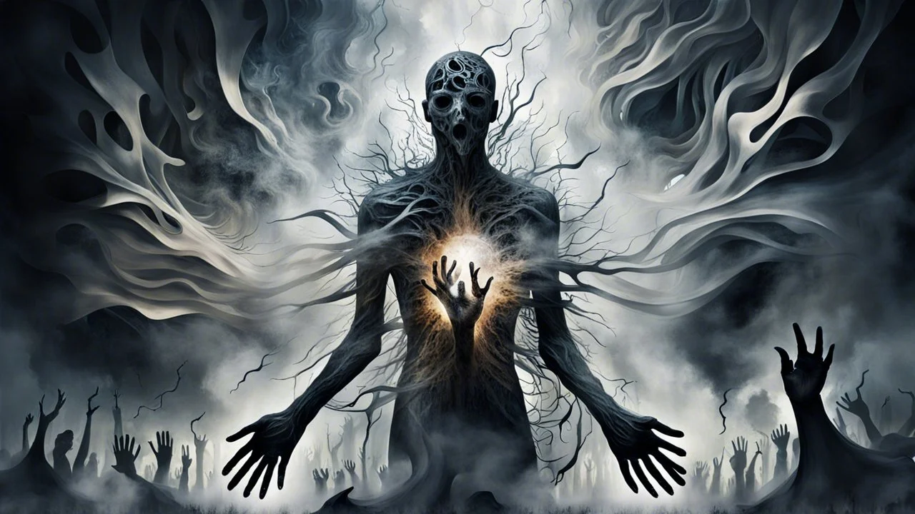 Abstract surreal scene of a human soul in conflict a caracter dissolving into shadows and fog, body torn into shards of light and darkness. Shapes twist and melt like oil paint, forming ghostly hands and distorted faces emerging from the fog. The background is a blur of noise, chaotic patterns and faceless crowds, symbolizing the indifferent outside world. A haunting, dreamlike composition that captures isolation, inner demons, struggle of anxiety. surreal, atmospheric