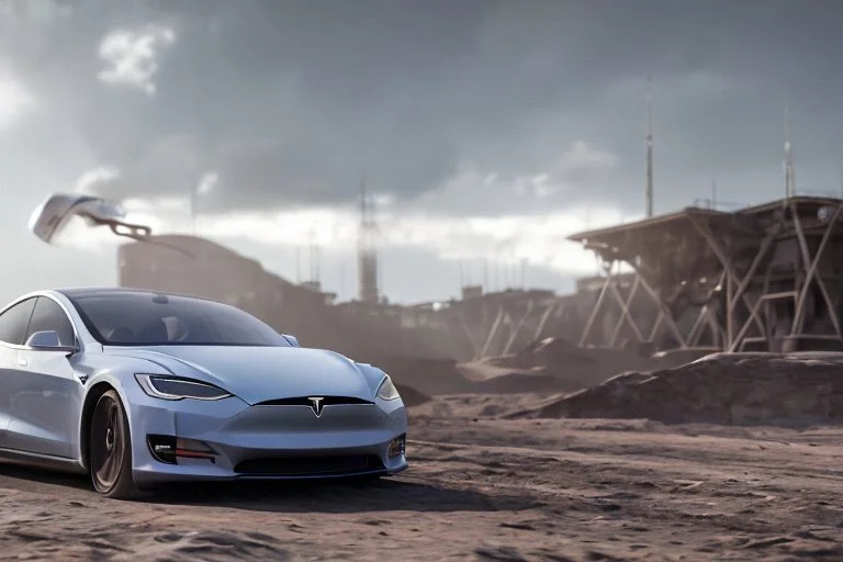 A Tesla 'Model S' is racing at top speed, within the trench of the Death Star. (CINEMATIC, WIDE ANGLE LENS, PHOTO REAL)