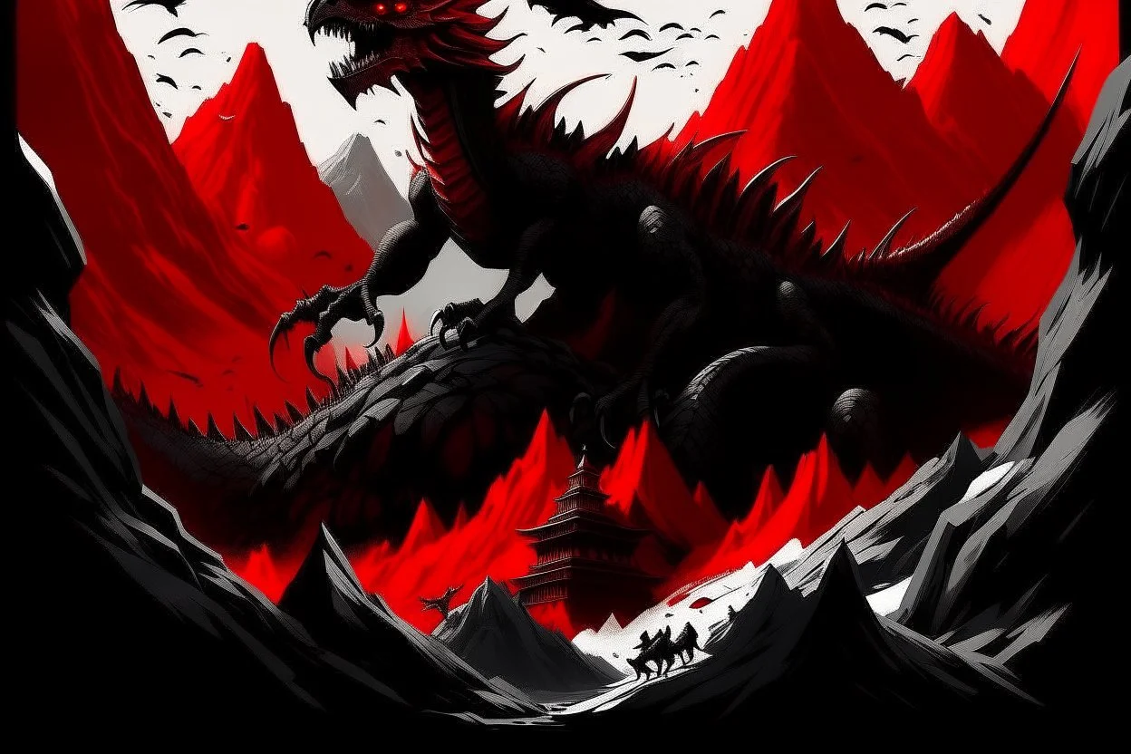 mountains, red and black, temple, dinosaur