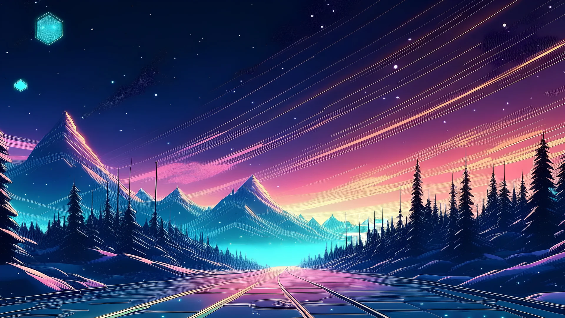 sea of stars retrowave wallpaper pine road snow