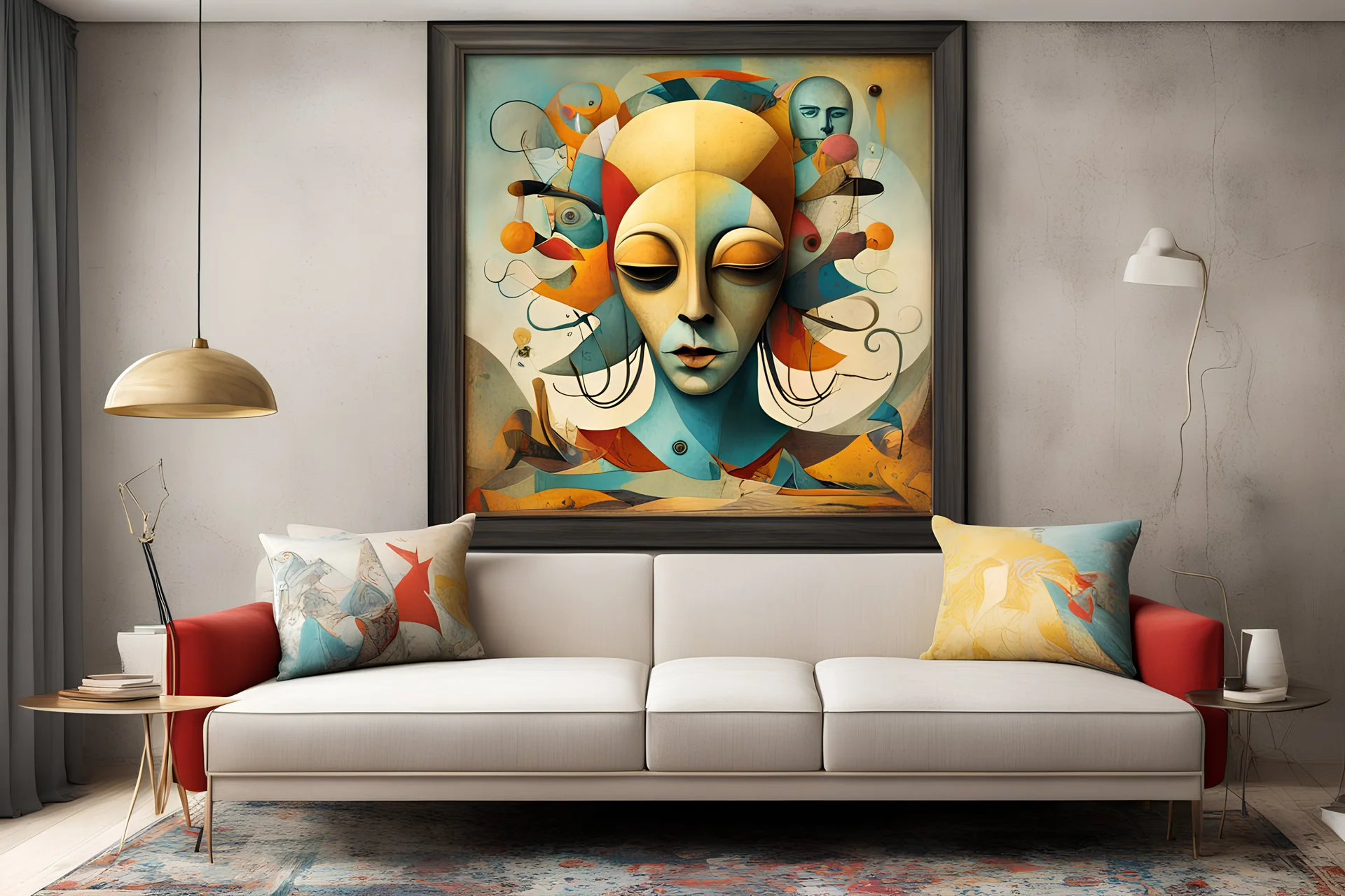 Style by Gabriel Pacheco and Tim biskup and Salvador Dali, a framed picture of a colorful weird surrealism in a normal spartan living room, masterpiece, strange inconsistencies and banal absurdities, smooth, neo surrealism,