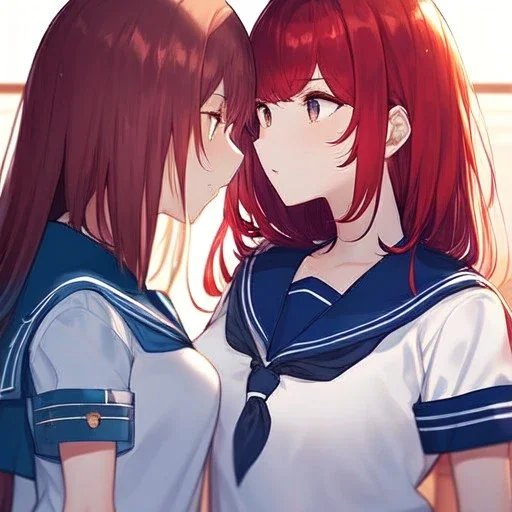 High quality, Detailed, 2girls, looking at eachother very angrily, both wearing a sailor uniform, one with red hair, the other with blue