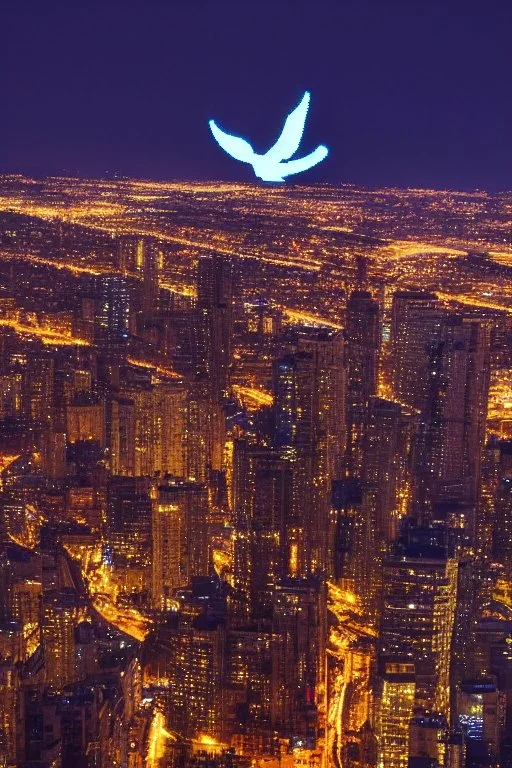 A flying angel over the tall buildings in a city at deep blue night.