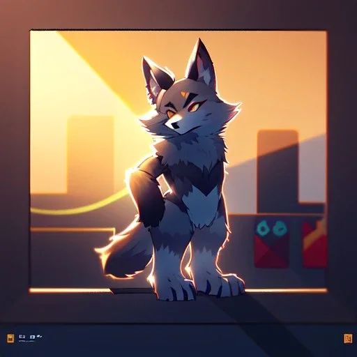 a fox fursona, darker colors, master quality, backlighting, soft lights, full body portrait, in frame, 8k, furry, fur, dark color pallet, robotic arm, cyberpunk, anthropomorphic, perfectly drawn face, animal legs, paws