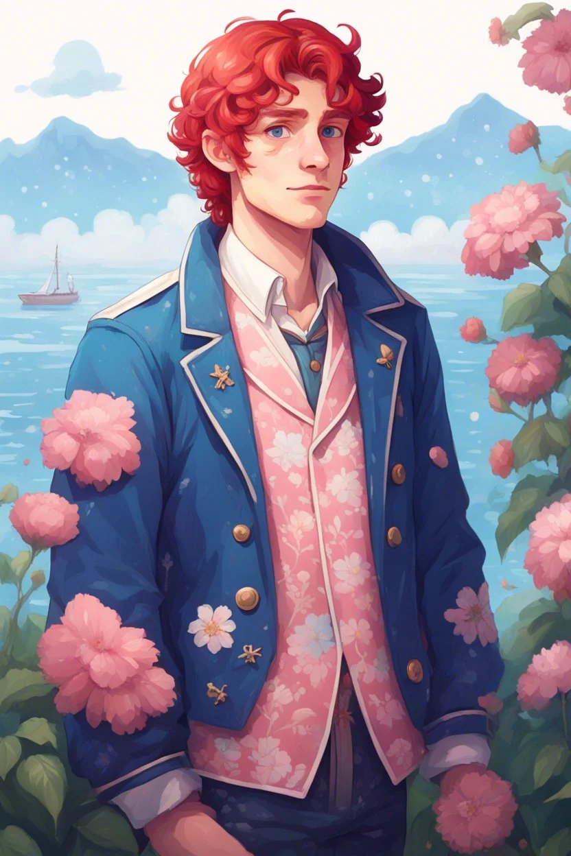 kind young sailor, man, red slightly curly hair, long jacket, pink-azure clothes, white floral pattern on the jacket, flower in the hair, stardew valley style