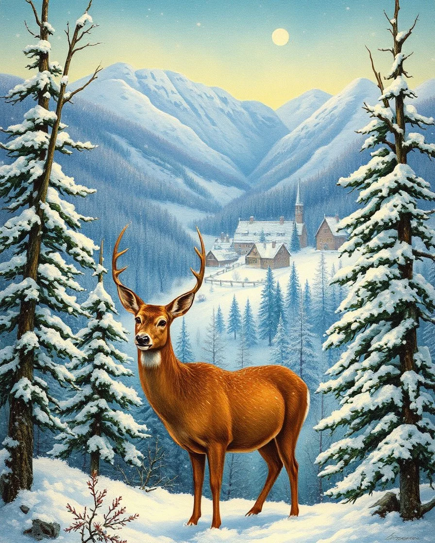 vintage postcard, painting of a deer in a snowy forest with a little cute village in the valley in the background, fantasy, cosy enchanted winter scene, beautiful depiction, inspired by Terry Redlin, snowy winter scene, painting, by Cindy Wright, beautiful detail, by Doris Blair, wintery scene, amazing detail, stunning artwork, vintage postcard, nostalgic style