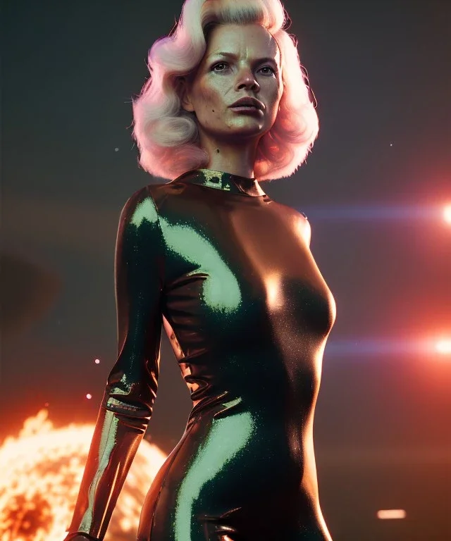 retro sci-fi portrait image from 1980, Los Angeles street explosions, fire, scared people, blonde woman walking, sweet Kate moss face, tight latex suit, soft color, highly detailed, unreal engine 5, ray tracing, RTX, lumen lighting, ultra detail, volumetric lighting, 3d, finely drawn, high definition, high resolution.