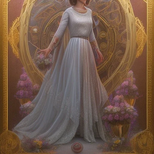 hyperspace background, complete and photo realistic detailed head to waist stunning photo realistic portrait of carrie fisher as Princess Leia in star wars with photo realistic wedding hairstyle by Mandy Jurgens and mucha and Richard Schmid and chuck close and chie yoshii, extraordinary and detailed ceremony dress of star wars,brown eyes