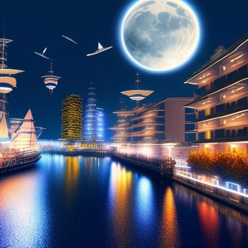 Fantasy city, cove, dock, night, ships, large