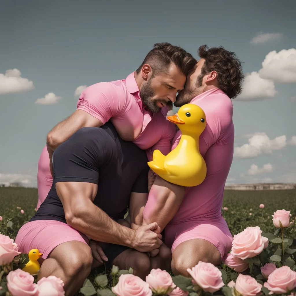 2 big hairy muscular men in velvet Prada shirts are kissing each other and sitting in a field of pink roses next to yellow plastic ducks and gift boxes next to them