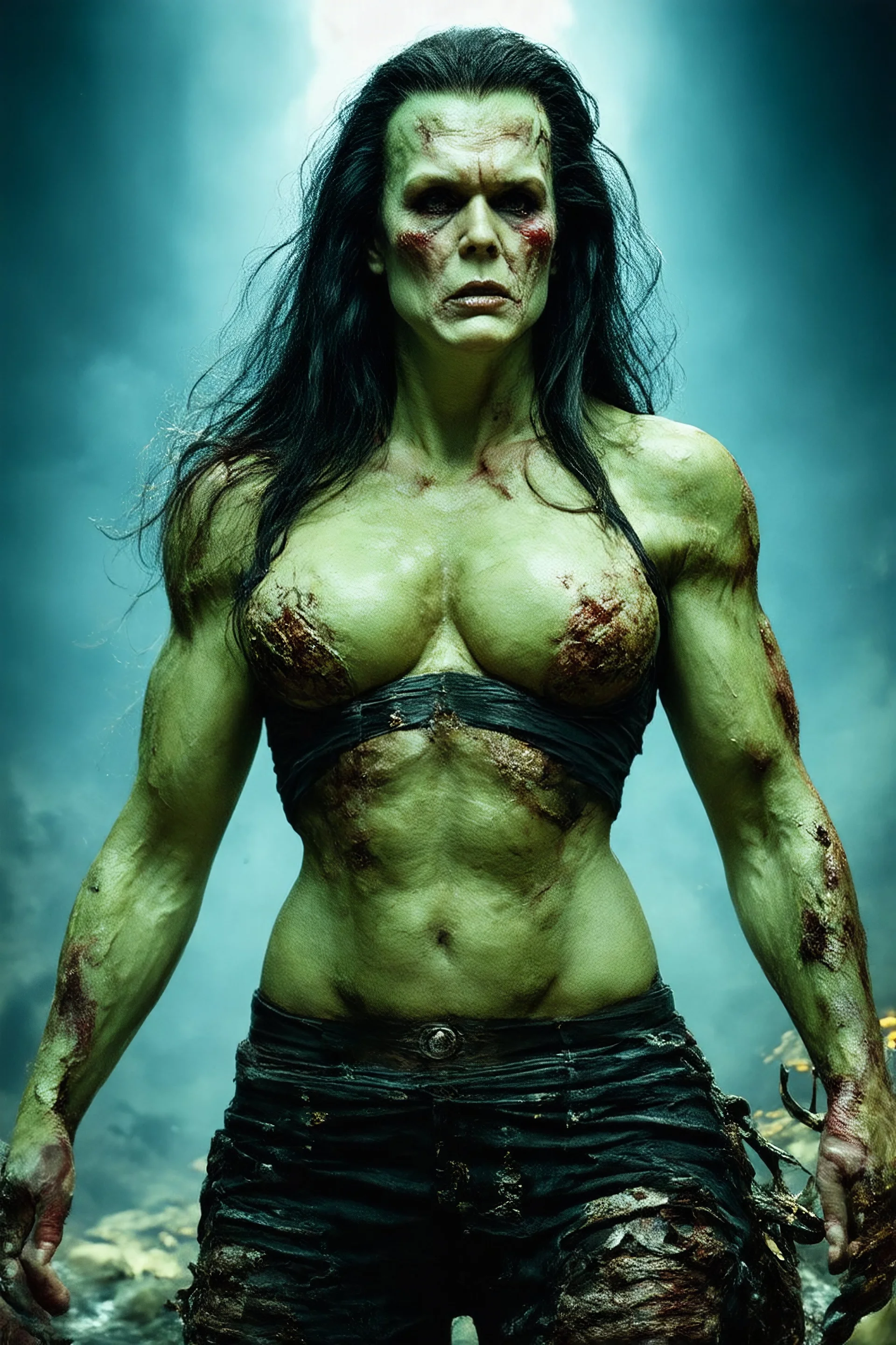 extremely busty, Anna Nicole Smith With Long black hair, massive Facial scars, different colored skin, as the Frankenstein Monster from Guillermo del Toro's new Frankenstein movie, full-body portrait, ultra-detailed, ((((cinematic lighting)))), 4K resolution. ((((photorealistic)))), Towering figure, 6'5", muscular but gaunt, (((Suture Scars and patches of stitched together skin, stitched from mismatched human corpses:1.5))). Pale, cold skin with suture scars across chest, neck, and face.