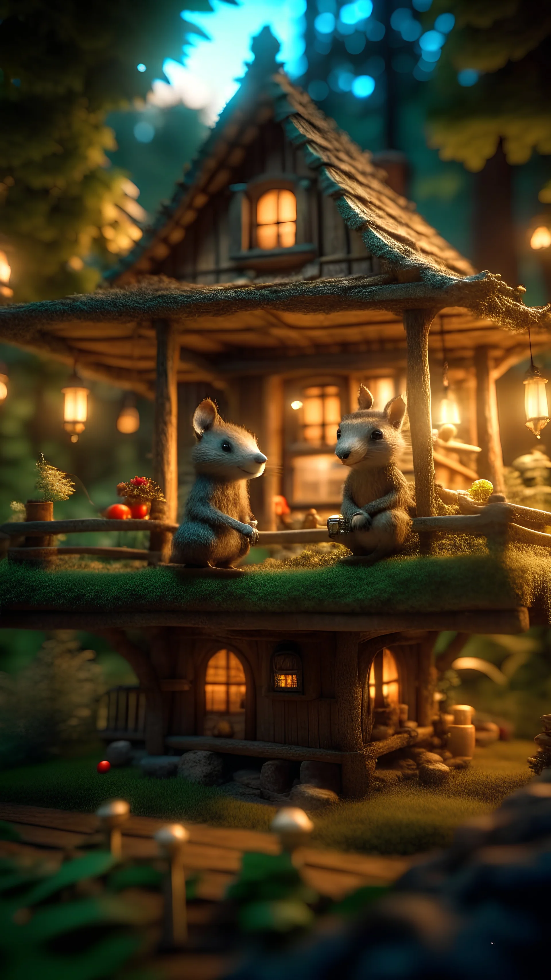 magazine cover, portrait of sleepy dog bug squirrel couple in a tree house in wonderful enchanted magical forest by river,bokeh like f/0.8, tilt-shift lens 8k, high detail, smooth render, down-light, unreal engine, prize winning