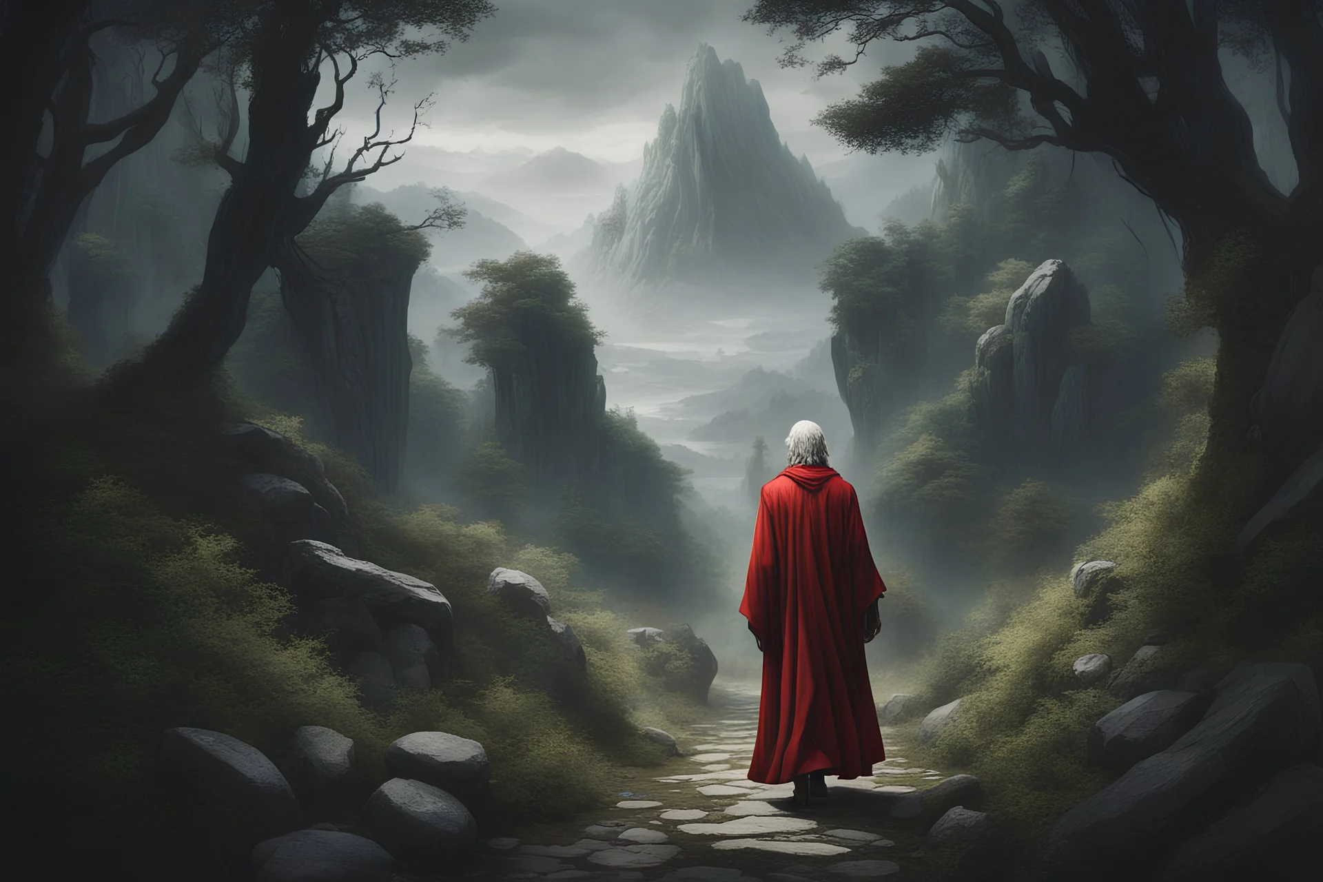 Dante in a red robe, at full height, walks along a narrow path, through an eerie dark, overgrown forest towards a mountain, stones, rocks from which trees grow.