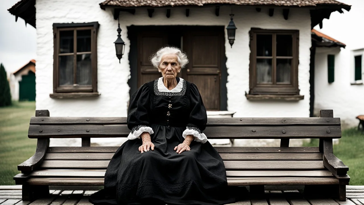 gloomy-looking old angry women sitting in black hungarian villager dress and wearing east european black head scharf on wooden bench in front of white old house outside in an authentic east european ,hungarian village, high detalied, professional photo, high qualit, high textures. The high-resolution image captures the essence of authenticity and realism, transporting the viewer to another time and place.