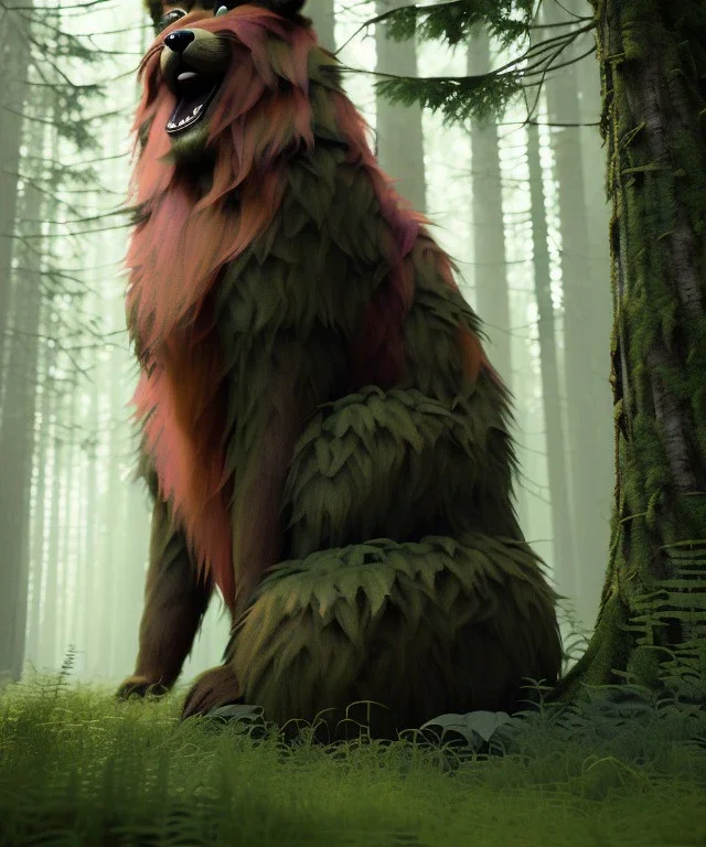 Realistic forest scene. big furry monster sitting next to tree. Wes Anderson style. Red hair, smile, happy, gradient color fog. highly detailed, concept art, unreal engine 5, ray tracing, RTX, lumen lighting, ultra detail, volumetric lighting, 3d, finely drawn, high definition, high resolution.