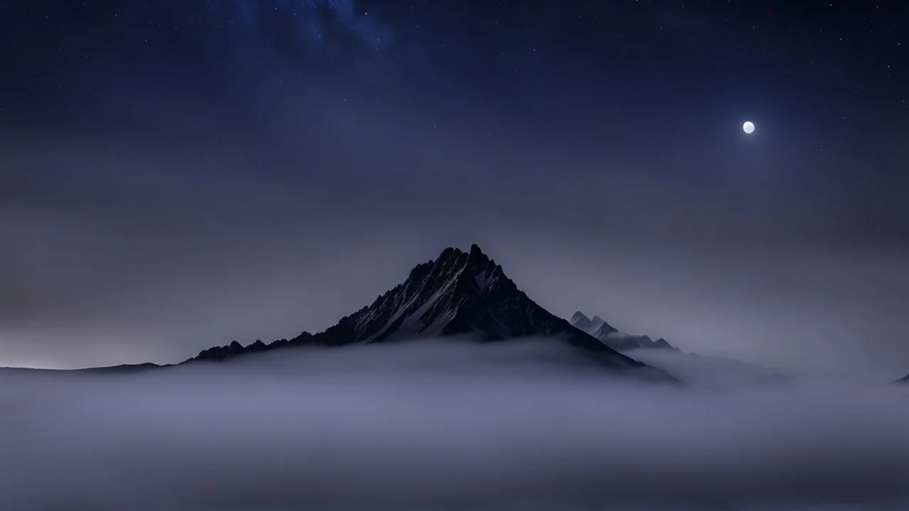 one single mountain sharp face rises out of the mist into the night sky.