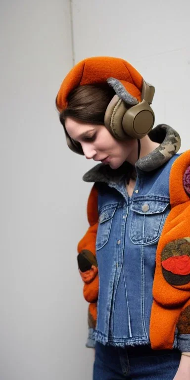 Brunette she. average body type. big head. Mantle is sewed of upcycled Denim and sewed together of camouflage pieces. Pieces' color are orange,terracotta, cream and purple. It is with big bright purple felt tippet and cream-colored-hood. mantle is merged with satchel. . Big AKG-style headphones (gold rings!) is merged with small felt cap with small visor. Style: Haute Couture in 1910's, Paris fashion in 2030, inspired by street art. Cream latex gaiter. Her head and rest body!