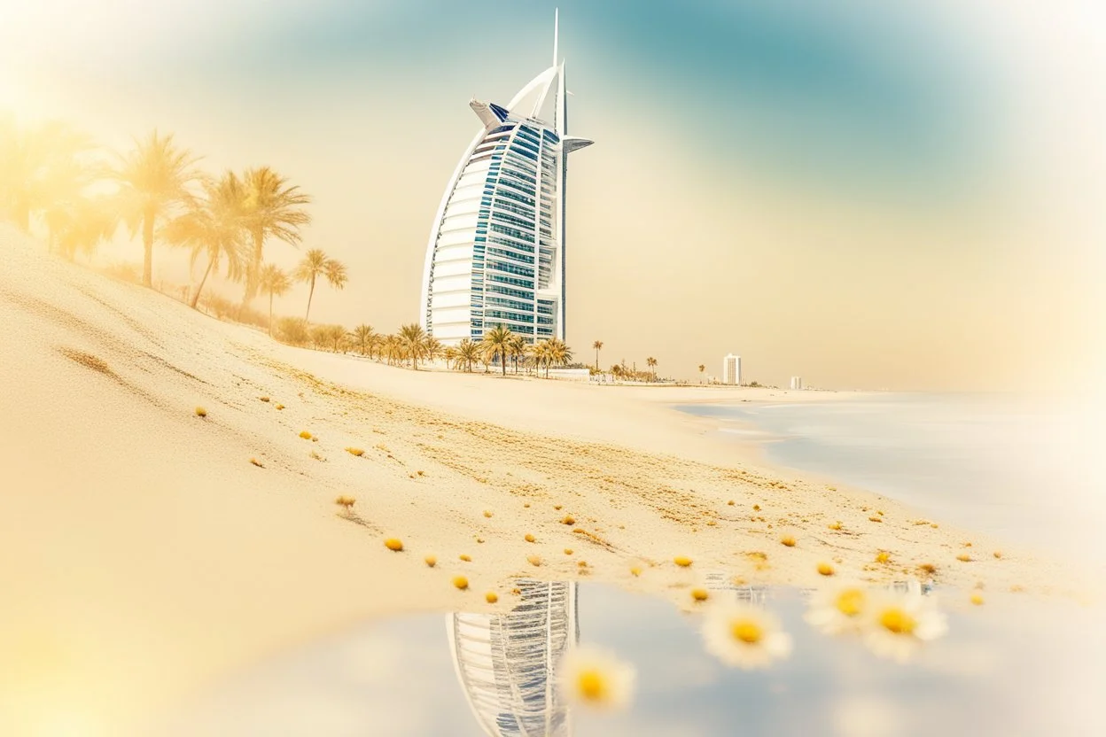 Burj al arab, made of daisy flowers in the sand in the sunshine, watercolor and black ink outlines, sparkling golden glitter, ethereal, cinematic postprocessing, bokeh, dof