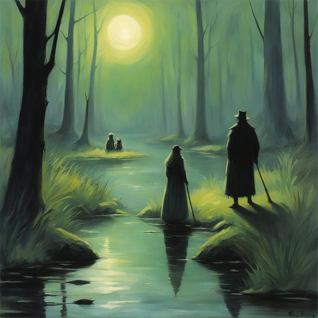 (art by Karoly Ferenczy) Bolotnik and Bolotnitsa: A tale of Bolotnik, the swamp-dwelling creature, and Bolotnitsa, his mysterious counterpart. Maybe they are cursed lovers, forever separated by the murky waters of the bog. Bolotnik, a slimy, amphibious being with glowing eyes, haunted by his lost love, Bolotnitsa, a beautiful but elusive figure, forever just out of reach. Their tragic story unfolds in the misty marshes, where ancient magic and sorrow intertwine.