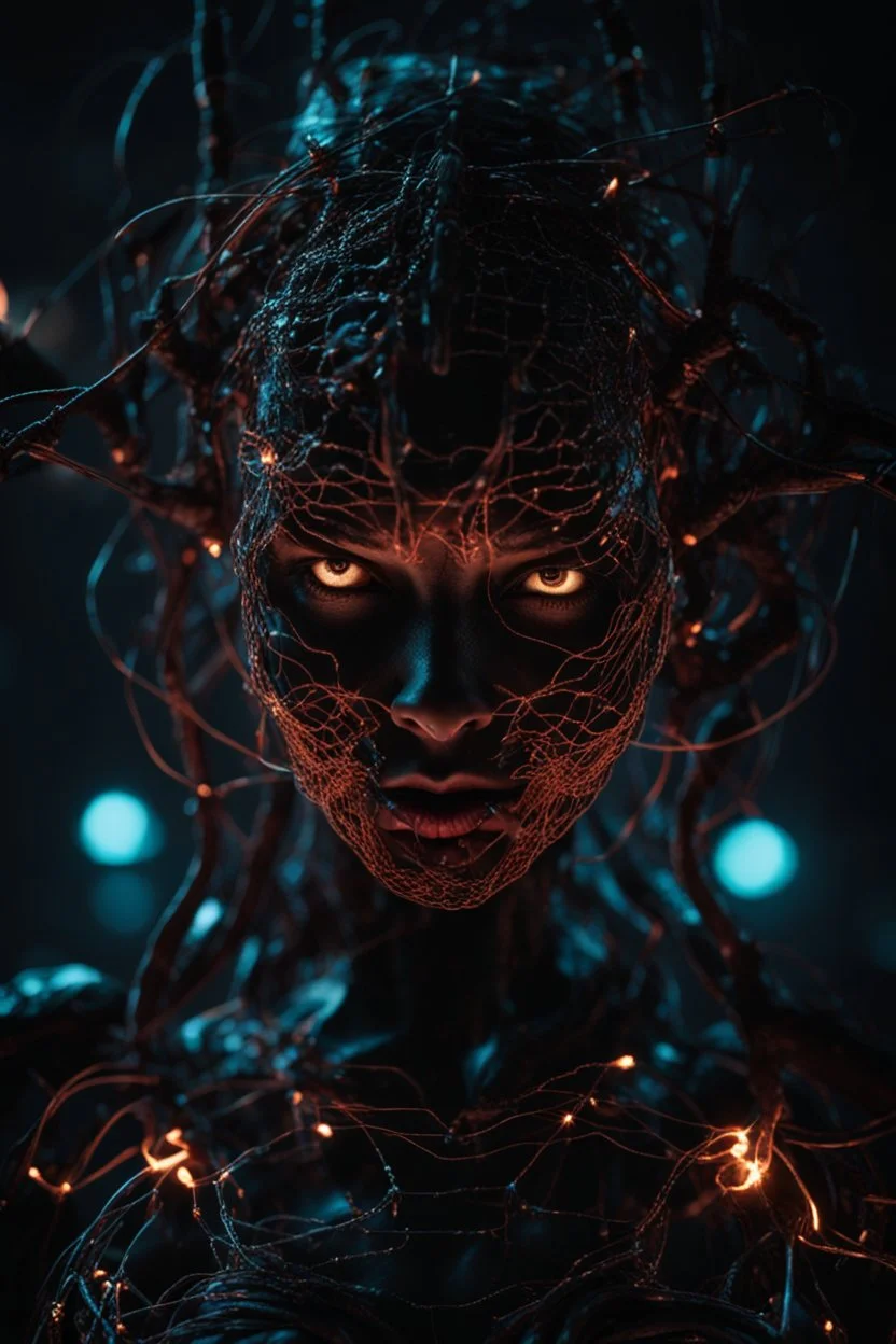 Demon girl, fullbody, creepy, horrifying, sinister, many wires connected to the head lumen lighting, led lights, sparks around her, sparks cybernetic, intricate, 8k, macro photography,