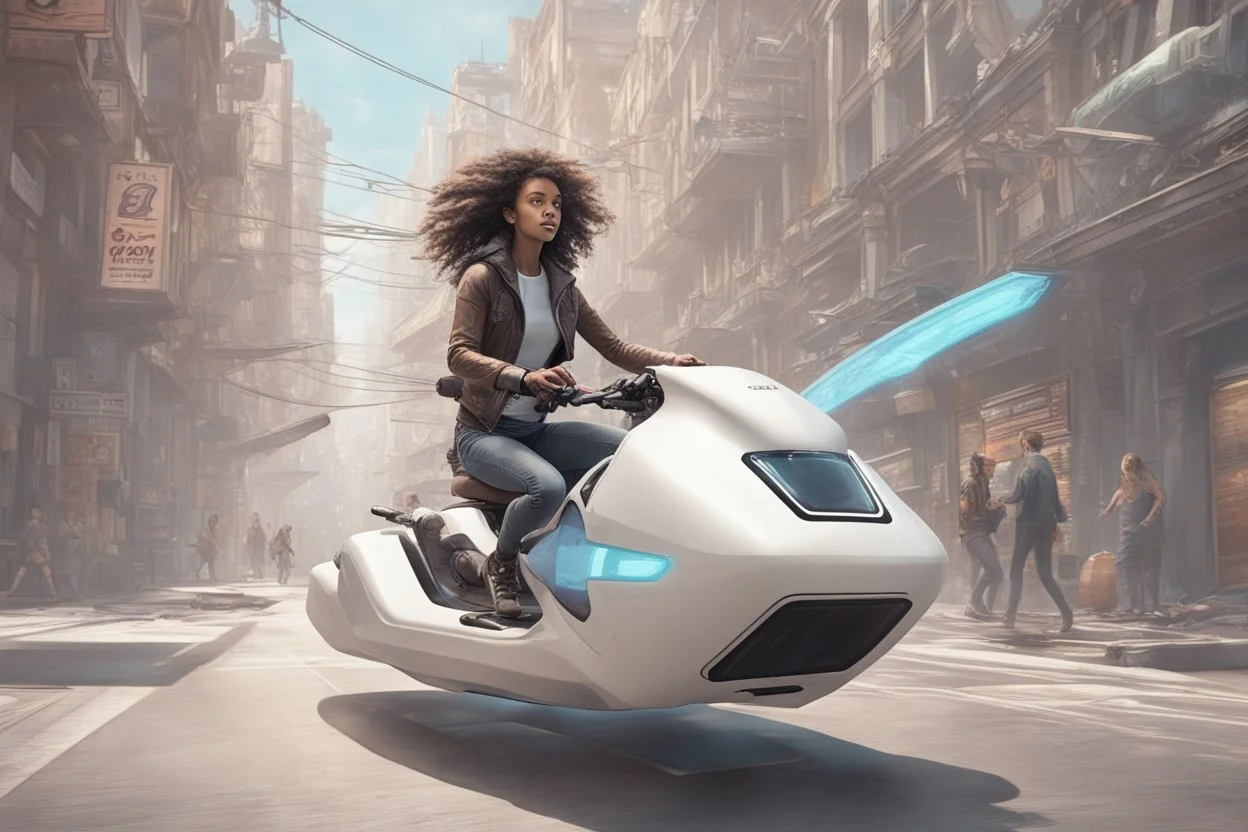 young woman astride a large hoverbike, with no wheels, floating along an alien street