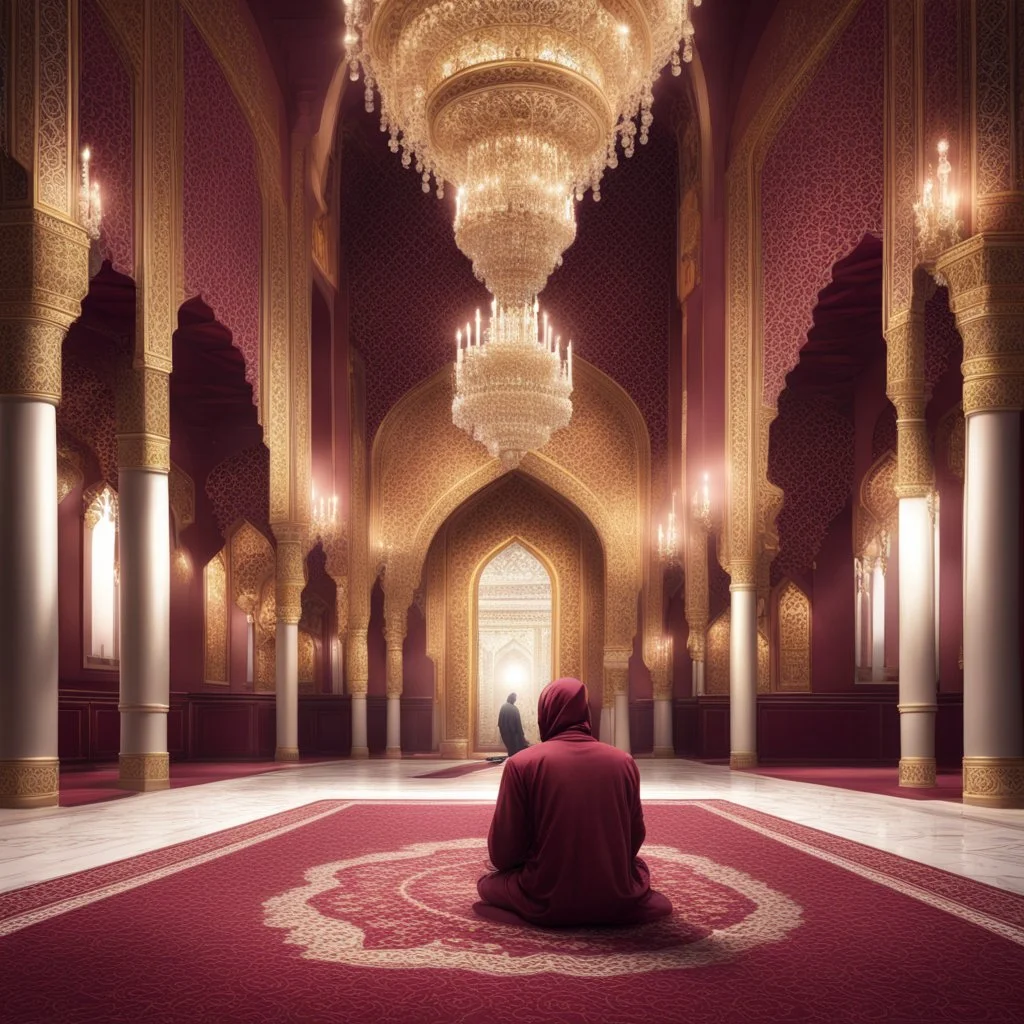 Hyper Realistic sad-Muslim-man doing sajdah inside a beautifully crafted maroon-&-golden-mosque with fancy walls & pillars, chandeliers & beautiful-white-carpet at night