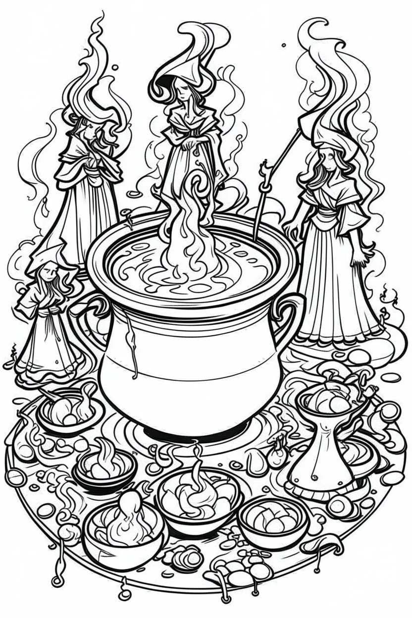 A cauldron bubbling with green potion, surrounded by witches casting spells. Outline, sketch style, only use outline, mandala style, clean line art, white background, no shadows, no clear wall, coloring page.