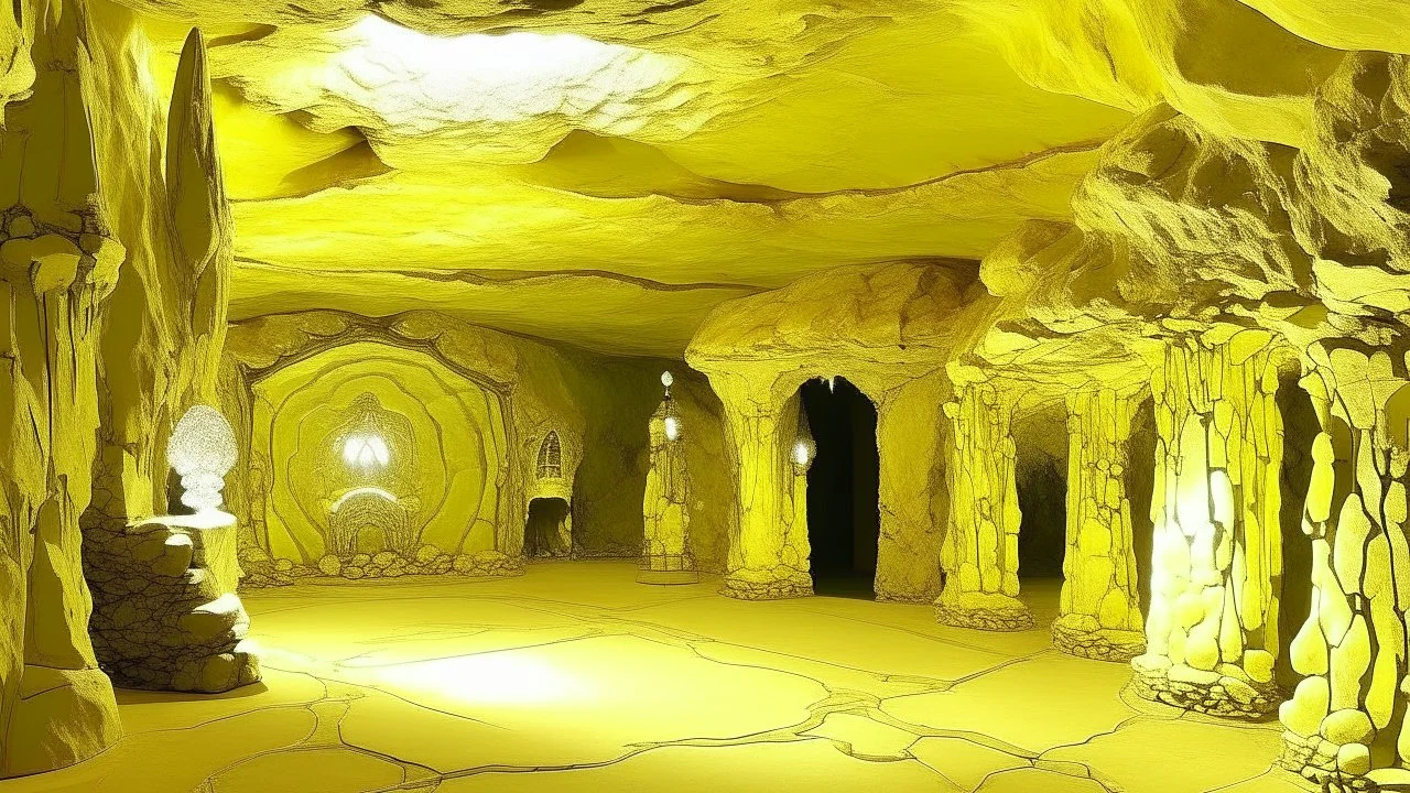 A light yellow cavern with crystals designed in Bayeux tapestry painted by Salvador Dali