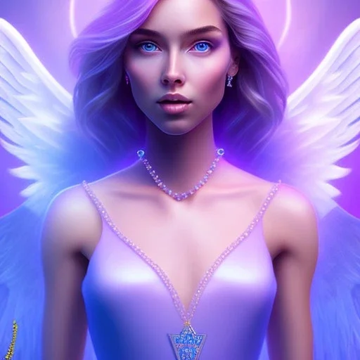 portrait of a beautiful woman with an angel face, pink and blue dress, jewels, soft light aura