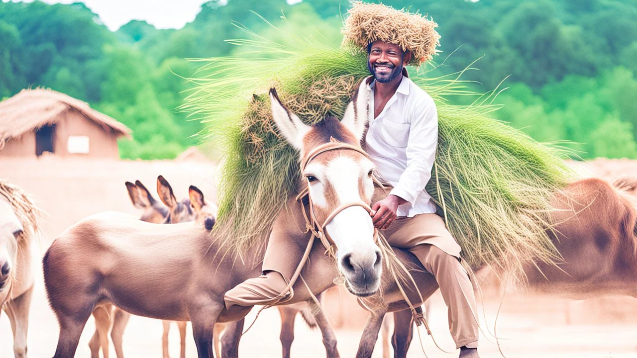 A man sitting on donkey and putting bunch of grass on his head