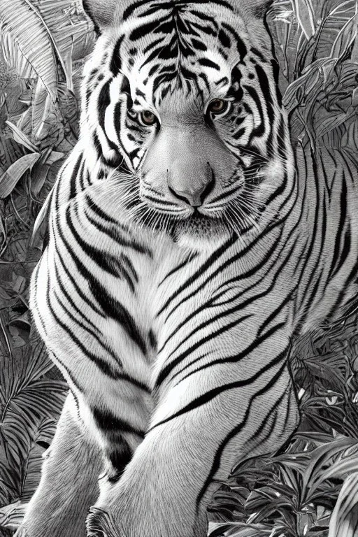 Rainforest, tall hybrid of human and tiger walking, frontal, model style, hyper realistic, accurate, delicate, extremely detailed, Graphic novel style, wide-angle, front view, open aperture, superfine pencil