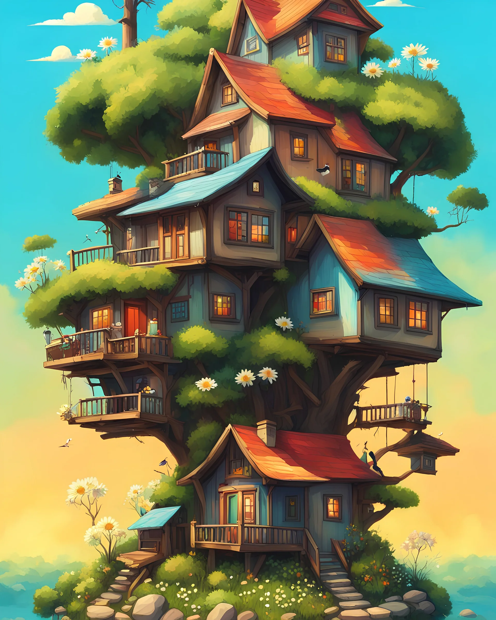 village, TINY animals SURREAL, MASTERPICE, TINY BRAINS, TINY forest, TINY house, TINY birds, colorful, vector, sky sun, adult book cover