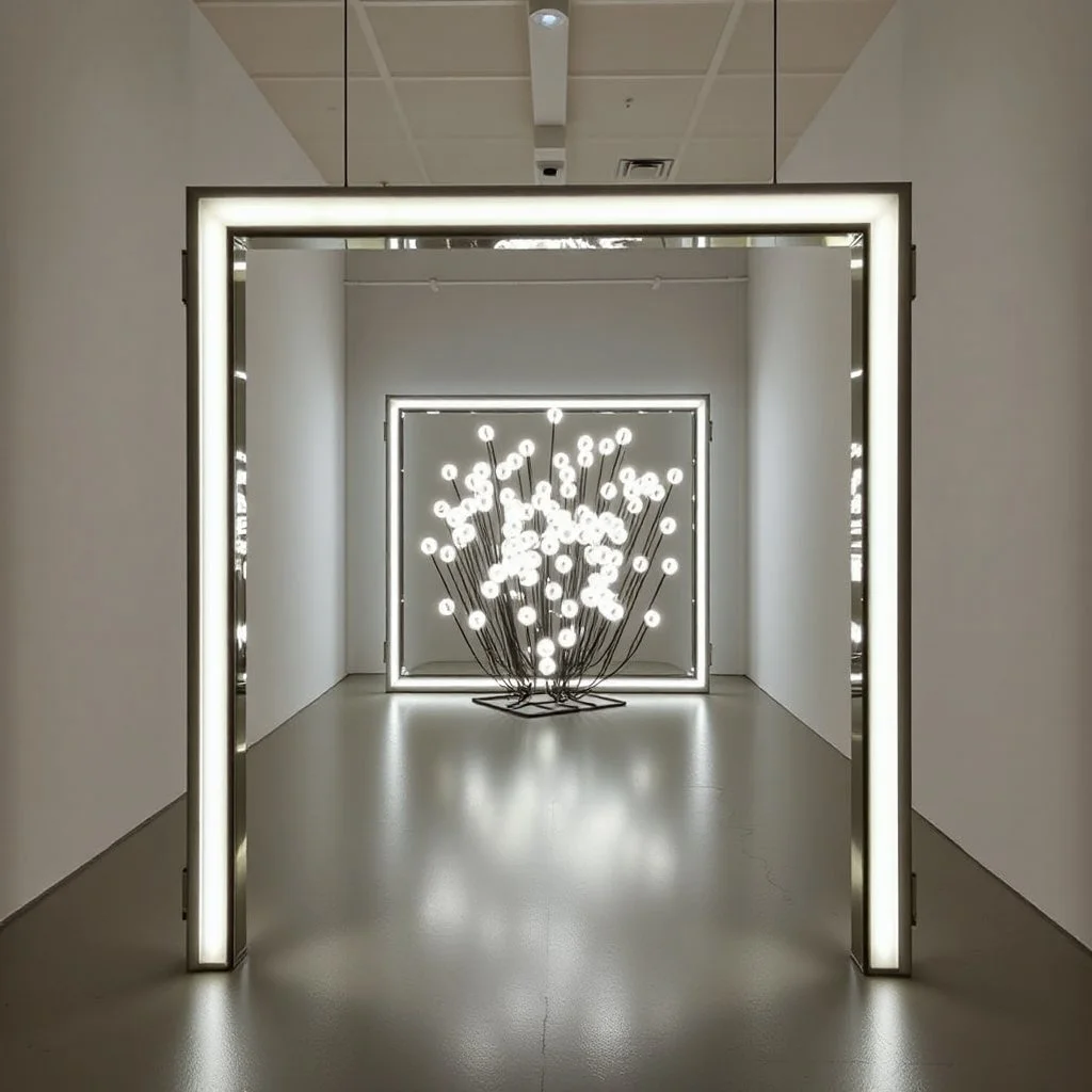 An artistic installation, a frame displays an image that resembles a group of lights.