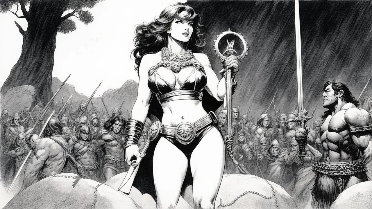 [a mix of Madonna and Britney's allures] Ernie Chan Savage Sword of Conan #22 Pin-Up Illustration Original Art (Marvel, 1977) As she stood there, except for her tattered short pants, the audience's eyes bore into her like fiery brands. Whispers of anticipation and lust filled the air, mingling with the clinking of chains and the harsh commands of the slavers. The auctioneer's voice boomed across the market, calling out to the crowd, enticing them with promises of exotic beauty and untamed spirit
