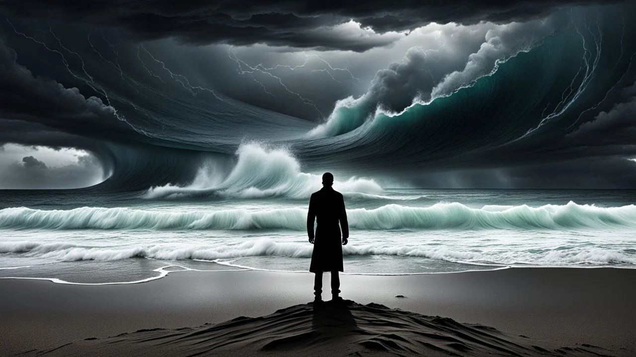 A lone figure stands on a deserted beach, gazing out at a turbulent ocean under a stormy sky. The figure's silhouette is stark against the dramatic backdrop, emphasizing a sense of isolation. The inner world is suggested by subtle, swirling colors within the silhouette, contrasting with the harsh reality of the external environment. Rendered in a photorealistic style with intense atmospheric lighting, capturing the raw power of nature and the quiet solitude, surreal, weird