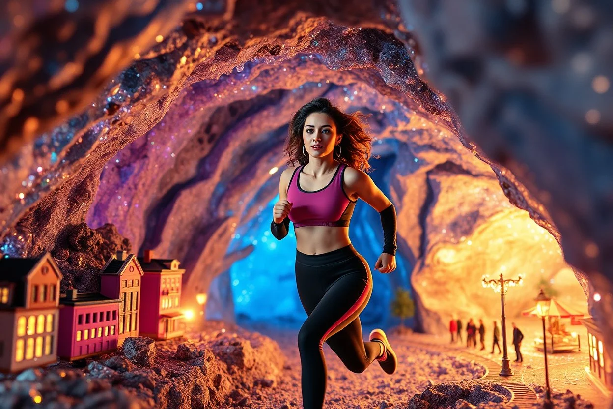 make a video pretty crystal cave covered with jewells and CIFI jewell lights and miniature city buildings and miniature people and streets, a beautiful fashion model lady with cute,curvy hair,makeup, in pretty sports suit is running inside cave ,dynamic camera fallow her inside cave capturing full body, dynamic lights.